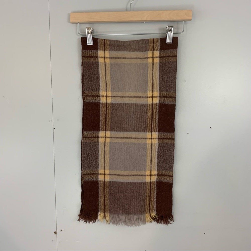 Wool Scarf Brown Plaid Tartan Fringe